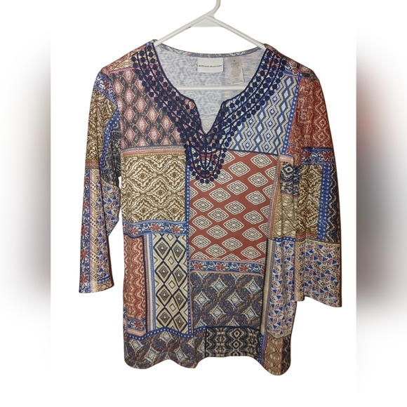 Alfred Dunner Blue and Orange Graphic 3/4 Sleeve Blouse, Size Small - Picture 1 of 6